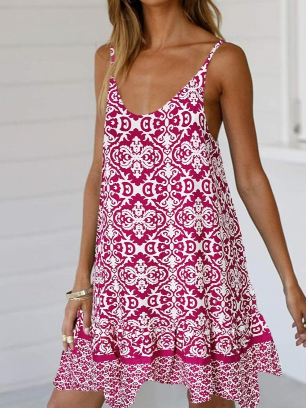 Boho Rose Red Damask Ruffle Mini Dress Adjustable Strap Sleeveless